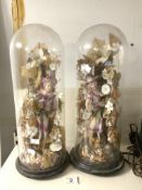 PAIR OF BISQUE FIGURES UNDER GLASS DOMES 48CM