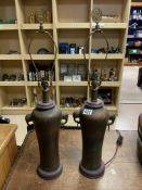 PAIR OF ANTIQUE BRONZE TABLE LAMPS WITH TWIN ELEPHANTINE HANDLES 75CM
