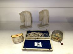 MIXED VINTAGE ITEMS, ONYX HORSE BOOKENDS, PEARLS, AND MORE