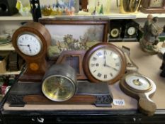 FOUR VINTAGE MANTLE/ BALLOON CLOCKS, INCLUDES SEIKO ALSO BAROMETER / THERMOMETER