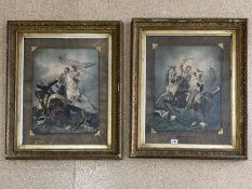 TWO PRINTS DEPICTING BATTLES AT WATERLOO WITH GILT MOUNTS WITHIN THE PRINTS BOTH FRAMED AND GLAZED