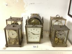 SIX VINTAGE GLASS AND BRASS CLOCKS, INCLUDES KUNDO
