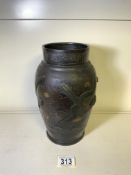 ANTIQUE JAPANESE MEIJI PERIOD BRONZE BALUSTER VASE FEATURING RELIEF DECORATION OF BIRDS AND