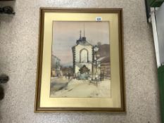 CHARLES NAPIER SIGNED WATERCOLOUR EARLY 20TH CENTURY VILLAGE SCENE FRAMED AND GLAZED 56 X 69CM