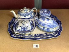 ANTIQUE BLUE AND WHITE PORCELAIN MEAT PLATES, TEA POTS AND MORE - SPODE, BURLEIGH AND OTHERS