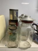 VINTAGE GLASS SWEETIE JARS WITH METAL TOPS WITH SMITHS JAR TOPS, AND TWO ADVERTISING TINS