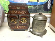 SMALL CHINESE JEWELLERY CABINET 29CM WITH ANTIQUE PEWTER LOCKJAR