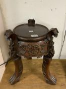 19TH CENTURY CHINESE HARD WOOD JARDINERE STAND WITH CARVED PAW FEET AND MOTIFS 35 X 46CM