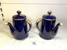 TWO VINTAGE ASPREY OF LONDON COBALT BLUE TEAPOTS, 17CM