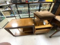THREE PIECES OF MID-CENTURY TEAK TEA TROLLEY AND CHEST WITH STOOL
