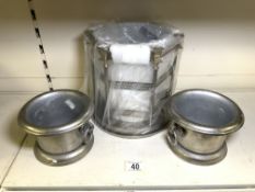 TWO METAL WINE COASTERS WITH PLATED CHAMPAGNE ICE BUCKET