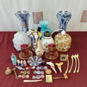 PAIR MURANO STYLE VASES AND 3 GLASS SHADES AND MORE