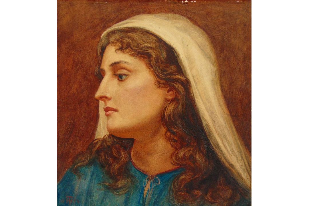 Helen Thornycroft watercolour and gouache portrait of a lady wearing a head cover in the original - Image 2 of 2