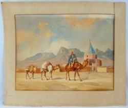 Yervand Nahapetian watercolour of camels by a temple, signed bottom left, 36.5 x 48.5cm A/F
