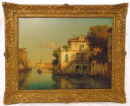 Antoine Bouvard framed oil on canvas of a Venetian canal scene with gondolas in the foreground and