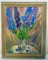 Rose Sarna framed oil on canvas still life of flowers in a jug on a table, signed bottom right, 60.5