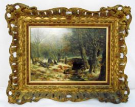 J.B. Surgey framed oil on panel titled Snow at Chigwell, label to verso, 24 x 34cm