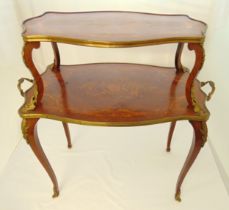 An antique French style shaped rectangular two tier marquetry Étagère with floral inlays and