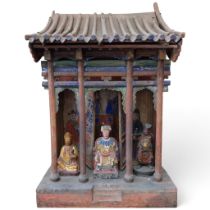 A 19th century Chinese domestic altar shrine, containing 3 carved wood figures, H85cm, W55cm