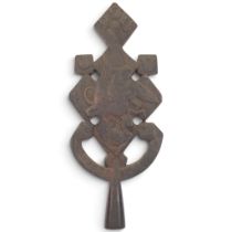 An Antique Ethiopian Orthodox processional cross, relief carved wood with incised text, H48cm