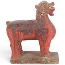 An Antique Indian carved and painted wood Folk Art mythical beast, H38cm, L33cm
