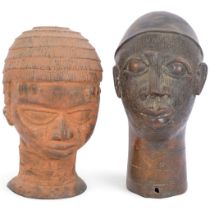 2 Benin style bronze heads, largest H17cm