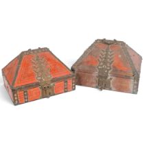 2 similar Indian Kerala painted wood dowry boxes, with brass strapwork mounts and locks, largest