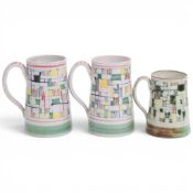 Three mid-century Rye Pottery tankards with similar painted glazes, makers stamp to base, tallest