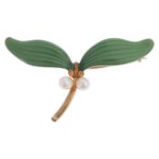 An Antique Victorian pearl enamel mistletoe brooch, realistically modelled, set with 3.4mm pearls,