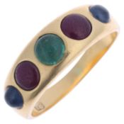 An Antique 18ct gold five stone gem set band ring, rub-over set with round cabochon emerald ruby and