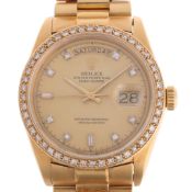 ROLEX - an 18ct gold diamond Oyster Perpetual Day-Date automatic calendar bracelet watch, ref.