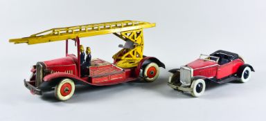 Two Tinplate Clockwork Mechanical Toy Vehicles, comprising - A Mettoy 1940's clockwork fire