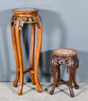 A Chinese Hardwood Jardiniere, with beaded edge and marble inset to top, floral carved side panels