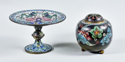 A Chinese Cloisonne Circular Tazza, Early 20th Century, decorated with dragons, insects and flowers,