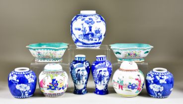 A Selection of Chinese Porcelain, comprising - a blue and white ginger jar painted with vases of