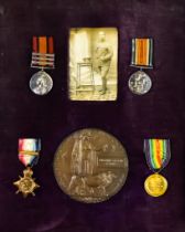 A Framed Group of Medals, a Death Plaque and a Photograph, comprising:- a Queens South Africa