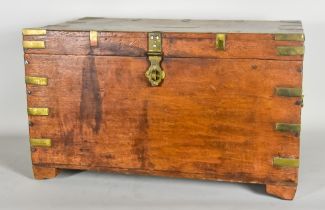 A Chinese Brass Bound Camphor Wood Chest, Late 19th Century, inlaid with brass plaque to lid and