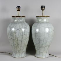 A Pair of Large Chinese Crackled Celadon Glazed Vase Lamps, 20th Century, of baluster form, 26ins (