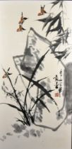 Fu Hua (Born 1928) - Ink and Wash drawing - Birds and Bamboo, with calligraphy and red seal mark,
