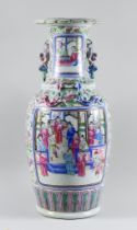 A Chinese Cantonese Famille Rose Porcelain Baluster Two-Handled Vase, enamelled in colours with