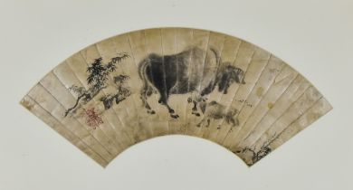 A 19th Century Chinese Fan Painting, ink and colour on paper, depicting buffalo with fauna to sides,
