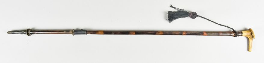 A 19th Century Bamboo Parasol with Bladed Tip, the handle made of antler with the inscription "The