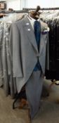 APPROX 27 GREY TAILCOATS, SIZES 36-50, APPROX 27 MATCHING GREY TROUSERS, SIZES 28-50 AND APPROX 27