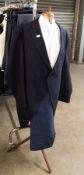 APPROX 22 DARK BLUE TAILCOATS, SIZES 36-48, APPROX 22 BLUE PIN STRIPED TROUSERS, SIZES 28-46 AND
