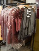 APPROX 13 MAROON COLOURED TAILCOATS, SIZES 40-48, APPROX 13 GREY PIN STRIPED TROUSERS, SIZES 30-36
