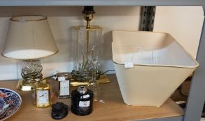 MIXED LOT- TWO NACHMANN LEUCHTEN DESIGN MODERN CUT GLASS AND BRASS TABLE LAMPS WITH SHADES, WEDGWOOD