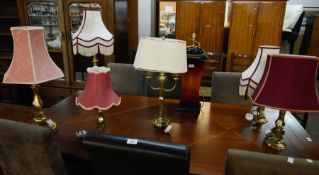 SIX BRASS EFFECT TABLE LAMPS AND SHADES, ONE OF WHICH IS A TWO BRANCH LIGHT, SOME SHADES (A.F.).