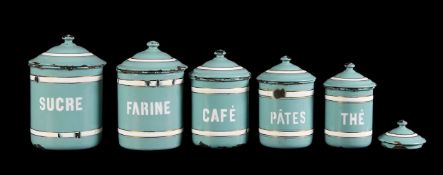 A graduated set of five French blue and white enamel kitchen jars and covers, early 20th century