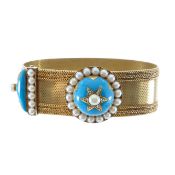 A mid Victorian seed pearl, enamel and diamond bracelet