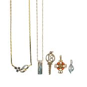 A collection of 9ct yellow and white gold chains and pendants